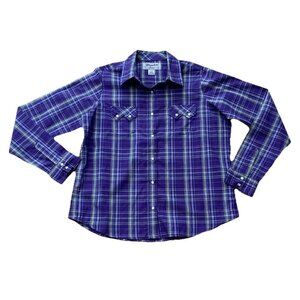 Wrangler Wrancher Purple Plaid Long Sleeve Snap Up Shirt Size Large Western